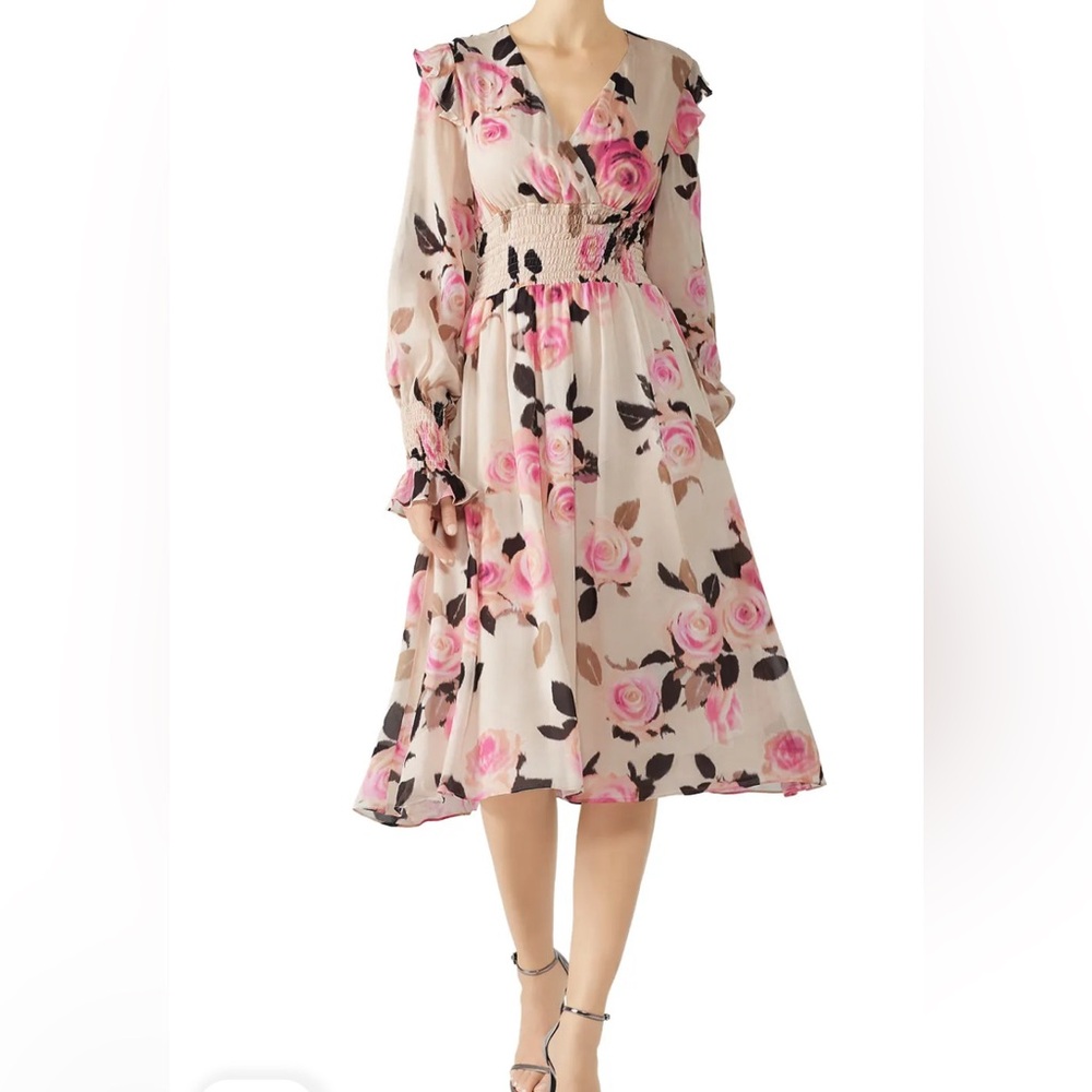 Pinko Smocked Dress Floral Long Sleeve Midi size 4